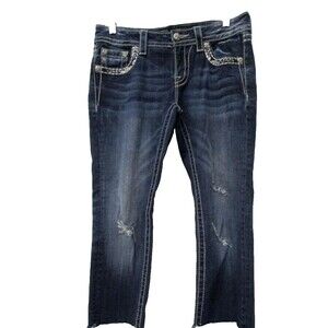 Miss Me Women's Signature Crop Jeans Size 28 Distressed Raw Hem Embellished
